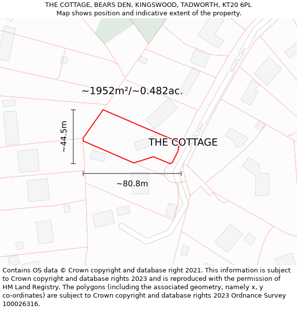 THE COTTAGE, BEARS DEN, KINGSWOOD, TADWORTH, KT20 6PL: Plot and title map