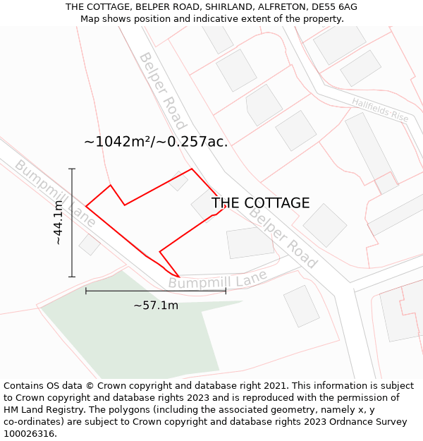 THE COTTAGE, BELPER ROAD, SHIRLAND, ALFRETON, DE55 6AG: Plot and title map