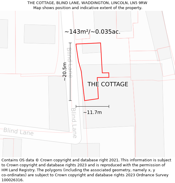 THE COTTAGE, BLIND LANE, WADDINGTON, LINCOLN, LN5 9RW: Plot and title map