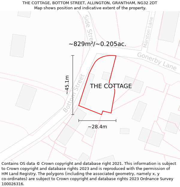 THE COTTAGE, BOTTOM STREET, ALLINGTON, GRANTHAM, NG32 2DT: Plot and title map