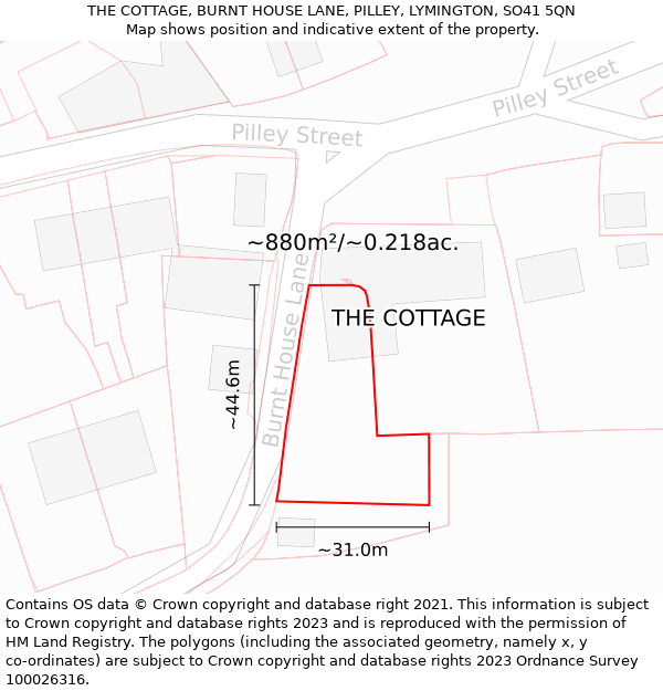 THE COTTAGE, BURNT HOUSE LANE, PILLEY, LYMINGTON, SO41 5QN: Plot and title map