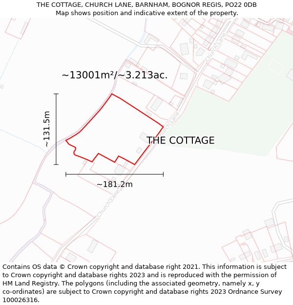 THE COTTAGE, CHURCH LANE, BARNHAM, BOGNOR REGIS, PO22 0DB: Plot and title map