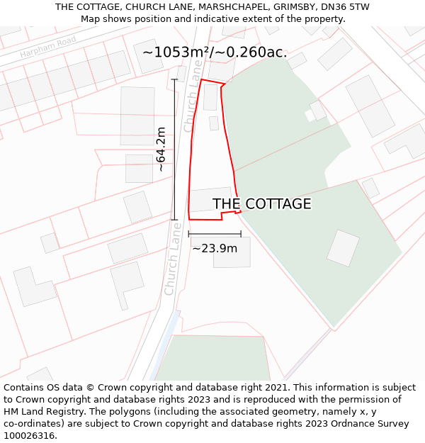 THE COTTAGE, CHURCH LANE, MARSHCHAPEL, GRIMSBY, DN36 5TW: Plot and title map