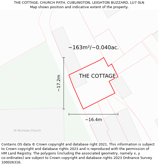 THE COTTAGE, CHURCH PATH, CUBLINGTON, LEIGHTON BUZZARD, LU7 0LN: Plot and title map