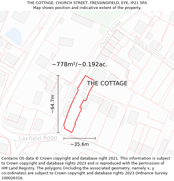 THE COTTAGE, CHURCH STREET, FRESSINGFIELD, EYE, IP21 5PA: Plot and title map