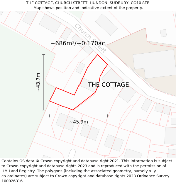 THE COTTAGE, CHURCH STREET, HUNDON, SUDBURY, CO10 8ER: Plot and title map