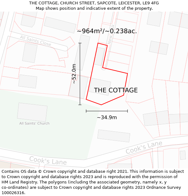 THE COTTAGE, CHURCH STREET, SAPCOTE, LEICESTER, LE9 4FG: Plot and title map