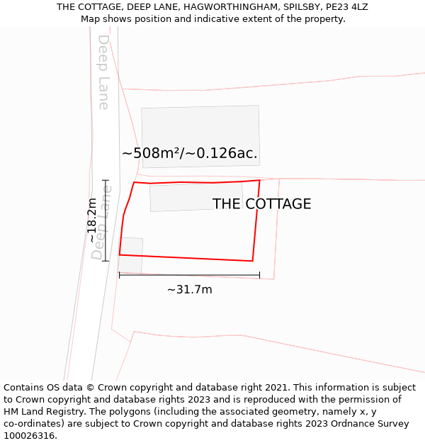 THE COTTAGE, DEEP LANE, HAGWORTHINGHAM, SPILSBY, PE23 4LZ: Plot and title map