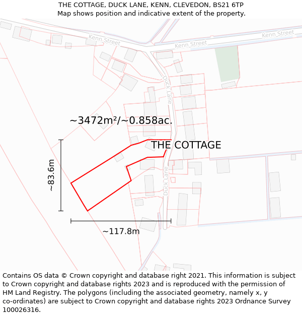 THE COTTAGE, DUCK LANE, KENN, CLEVEDON, BS21 6TP: Plot and title map