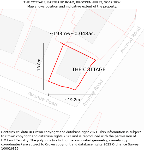 THE COTTAGE, EASTBANK ROAD, BROCKENHURST, SO42 7RW: Plot and title map