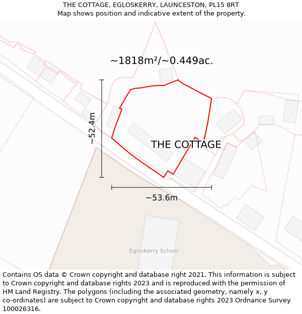 THE COTTAGE, EGLOSKERRY, LAUNCESTON, PL15 8RT: Plot and title map