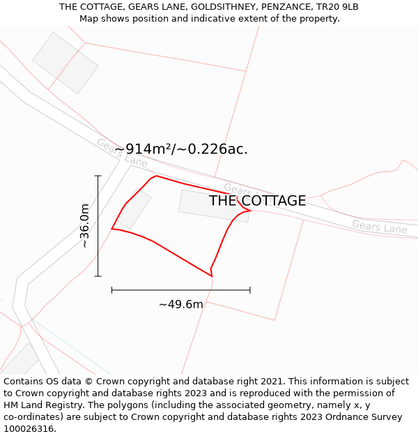 THE COTTAGE, GEARS LANE, GOLDSITHNEY, PENZANCE, TR20 9LB: Plot and title map