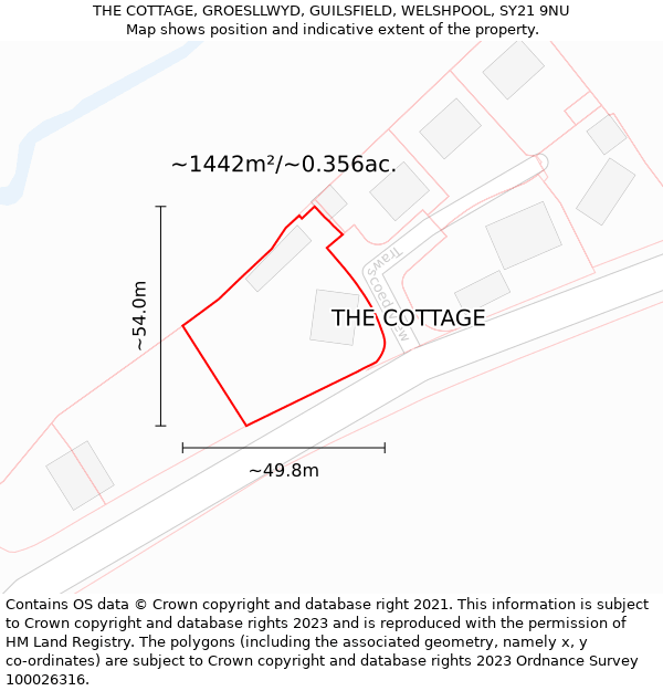 THE COTTAGE, GROESLLWYD, GUILSFIELD, WELSHPOOL, SY21 9NU: Plot and title map