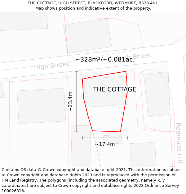 THE COTTAGE, HIGH STREET, BLACKFORD, WEDMORE, BS28 4NL: Plot and title map