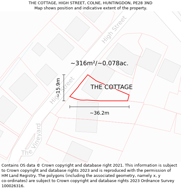 THE COTTAGE, HIGH STREET, COLNE, HUNTINGDON, PE28 3ND: Plot and title map