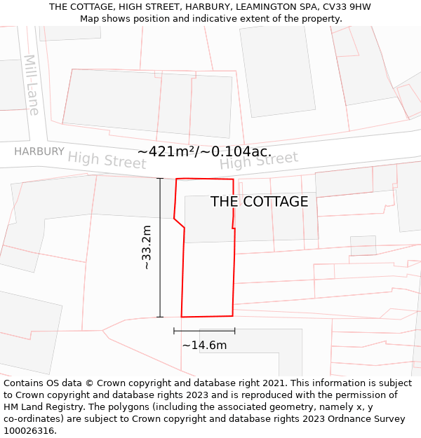 THE COTTAGE, HIGH STREET, HARBURY, LEAMINGTON SPA, CV33 9HW: Plot and title map