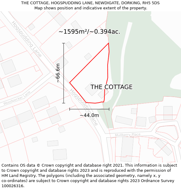 THE COTTAGE, HOGSPUDDING LANE, NEWDIGATE, DORKING, RH5 5DS: Plot and title map