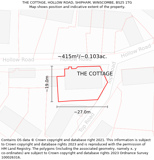 THE COTTAGE, HOLLOW ROAD, SHIPHAM, WINSCOMBE, BS25 1TG: Plot and title map