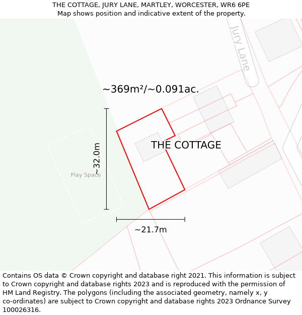 THE COTTAGE, JURY LANE, MARTLEY, WORCESTER, WR6 6PE: Plot and title map
