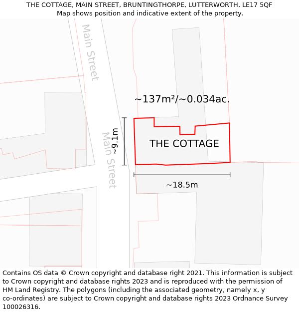 THE COTTAGE, MAIN STREET, BRUNTINGTHORPE, LUTTERWORTH, LE17 5QF: Plot and title map