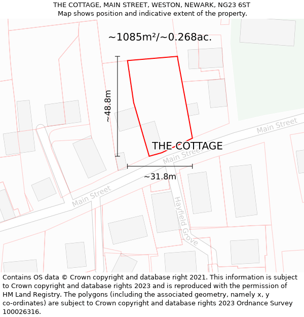 THE COTTAGE, MAIN STREET, WESTON, NEWARK, NG23 6ST: Plot and title map