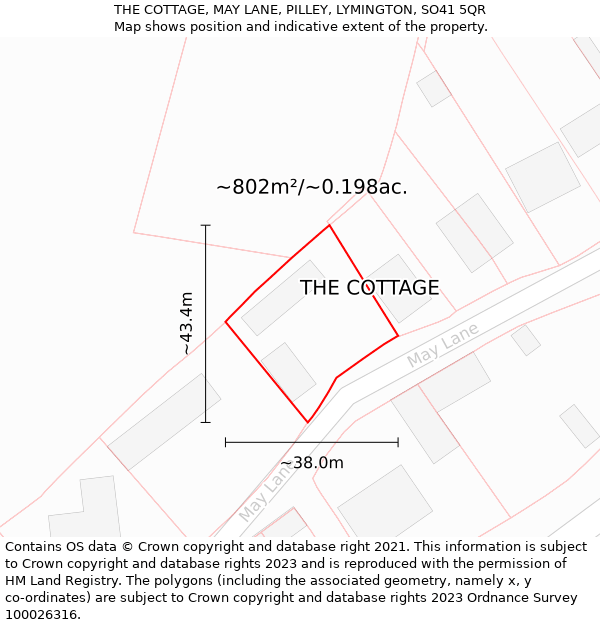 THE COTTAGE, MAY LANE, PILLEY, LYMINGTON, SO41 5QR: Plot and title map