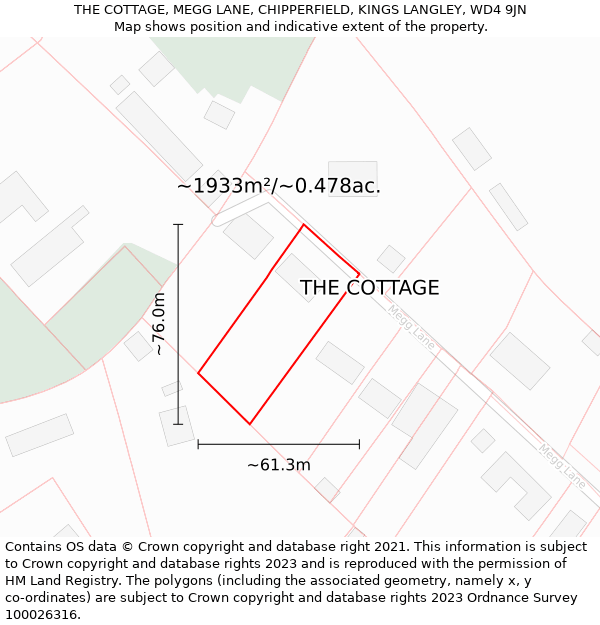 THE COTTAGE, MEGG LANE, CHIPPERFIELD, KINGS LANGLEY, WD4 9JN: Plot and title map