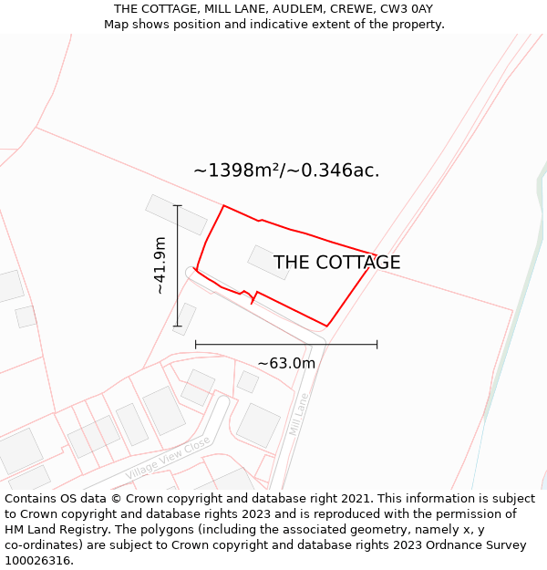 THE COTTAGE, MILL LANE, AUDLEM, CREWE, CW3 0AY: Plot and title map