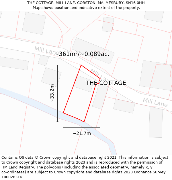 THE COTTAGE, MILL LANE, CORSTON, MALMESBURY, SN16 0HH: Plot and title map