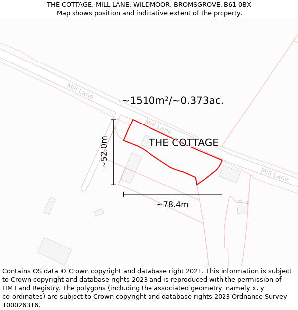 THE COTTAGE, MILL LANE, WILDMOOR, BROMSGROVE, B61 0BX: Plot and title map