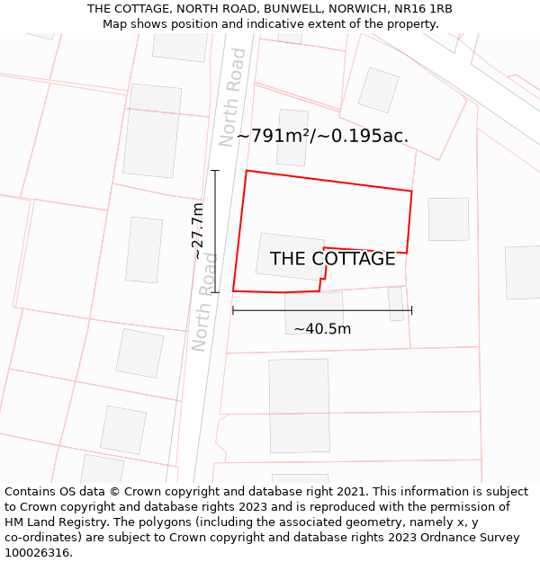 THE COTTAGE, NORTH ROAD, BUNWELL, NORWICH, NR16 1RB: Plot and title map