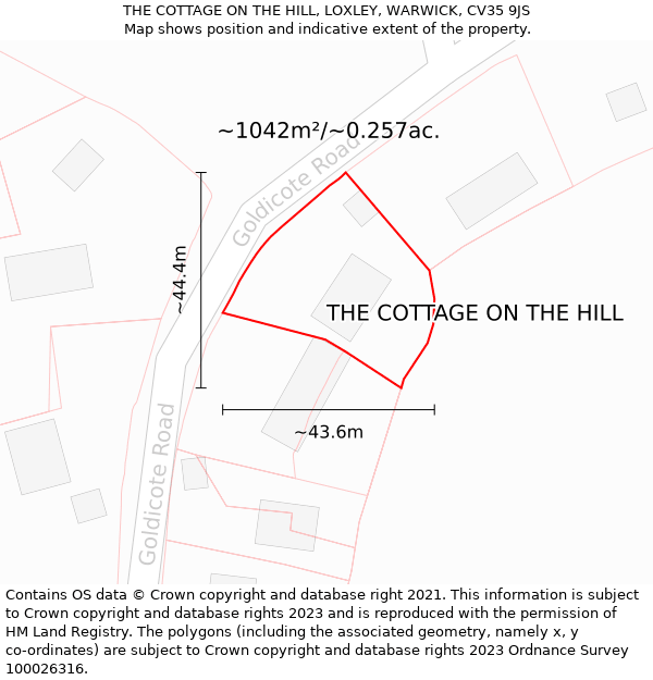 THE COTTAGE ON THE HILL, LOXLEY, WARWICK, CV35 9JS: Plot and title map