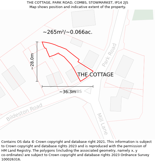 THE COTTAGE, PARK ROAD, COMBS, STOWMARKET, IP14 2JS: Plot and title map
