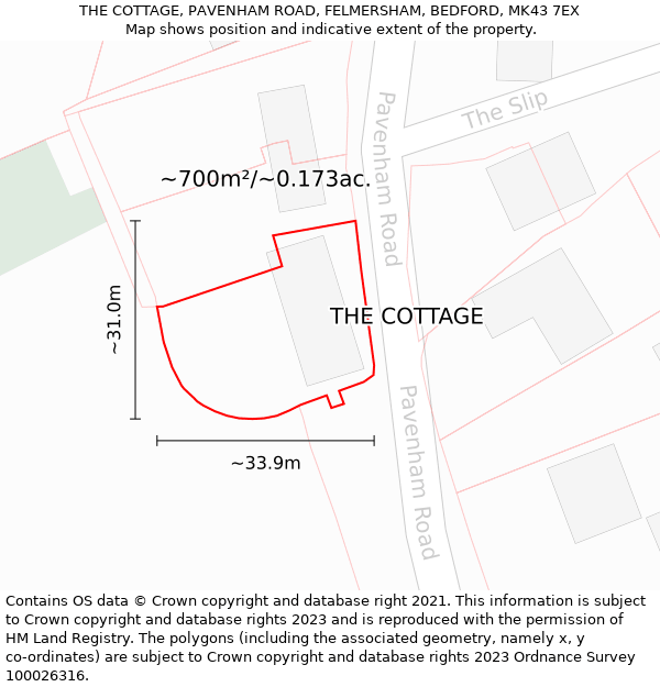 THE COTTAGE, PAVENHAM ROAD, FELMERSHAM, BEDFORD, MK43 7EX: Plot and title map
