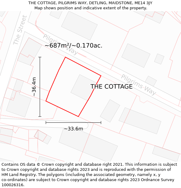 THE COTTAGE, PILGRIMS WAY, DETLING, MAIDSTONE, ME14 3JY: Plot and title map