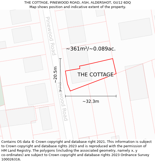 THE COTTAGE, PINEWOOD ROAD, ASH, ALDERSHOT, GU12 6DQ: Plot and title map