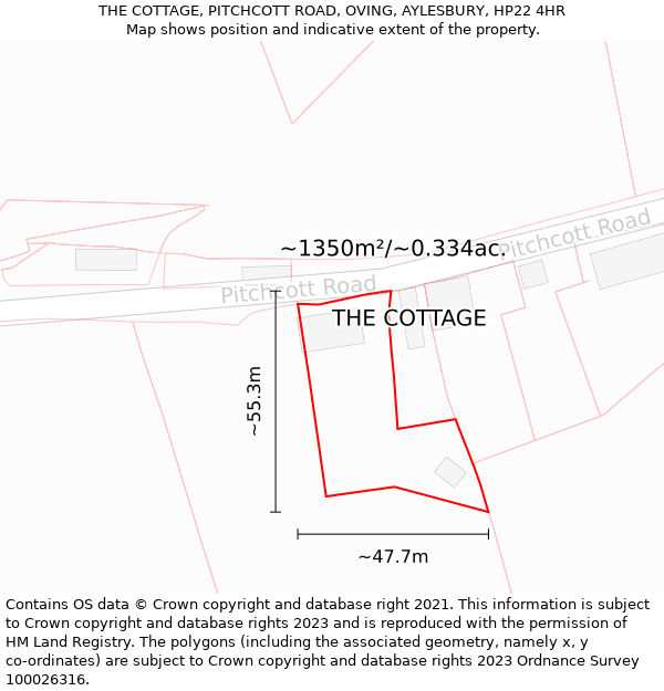 THE COTTAGE, PITCHCOTT ROAD, OVING, AYLESBURY, HP22 4HR: Plot and title map