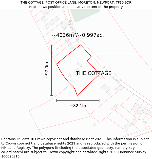 THE COTTAGE, POST OFFICE LANE, MORETON, NEWPORT, TF10 9DR: Plot and title map