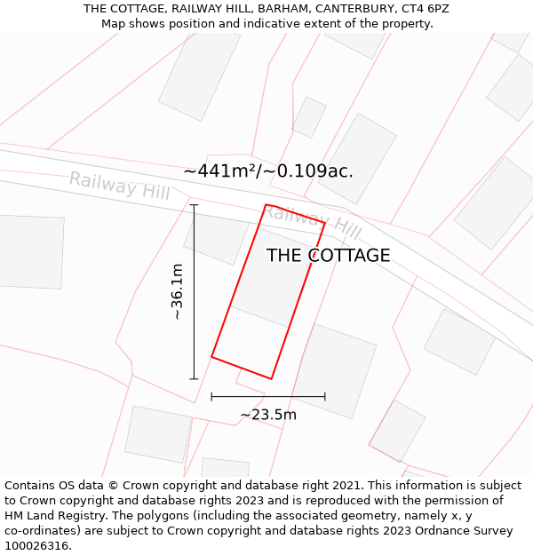 THE COTTAGE, RAILWAY HILL, BARHAM, CANTERBURY, CT4 6PZ: Plot and title map