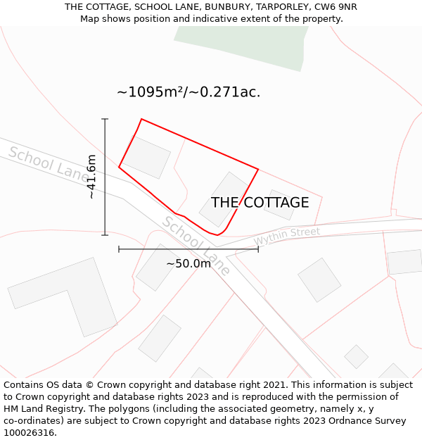 THE COTTAGE, SCHOOL LANE, BUNBURY, TARPORLEY, CW6 9NR: Plot and title map