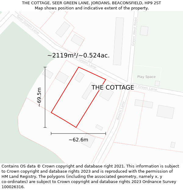 THE COTTAGE, SEER GREEN LANE, JORDANS, BEACONSFIELD, HP9 2ST: Plot and title map