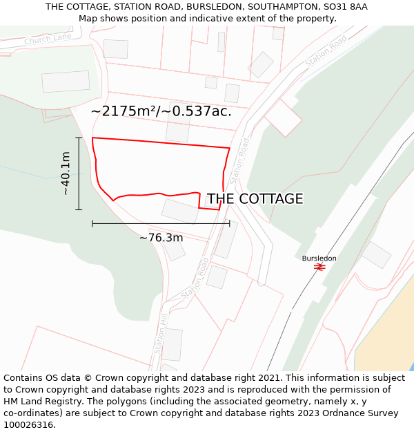 THE COTTAGE, STATION ROAD, BURSLEDON, SOUTHAMPTON, SO31 8AA: Plot and title map