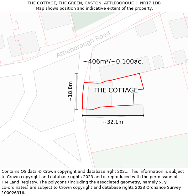 THE COTTAGE, THE GREEN, CASTON, ATTLEBOROUGH, NR17 1DB: Plot and title map