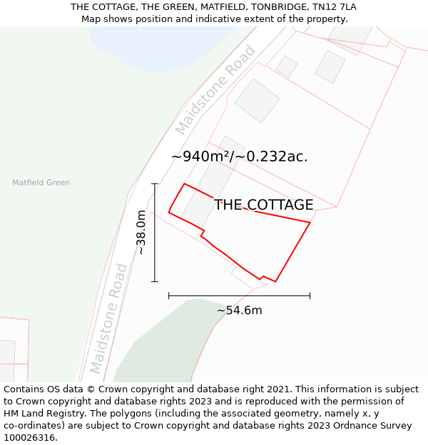 THE COTTAGE, THE GREEN, MATFIELD, TONBRIDGE, TN12 7LA: Plot and title map