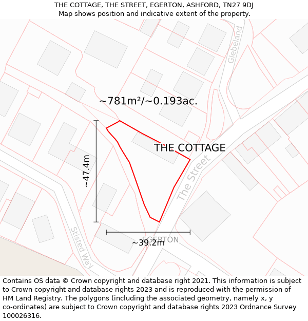 THE COTTAGE, THE STREET, EGERTON, ASHFORD, TN27 9DJ: Plot and title map