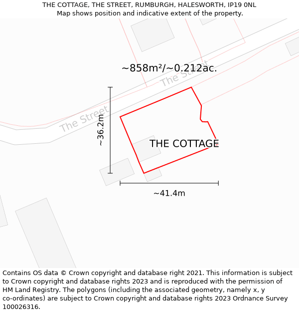 THE COTTAGE, THE STREET, RUMBURGH, HALESWORTH, IP19 0NL: Plot and title map