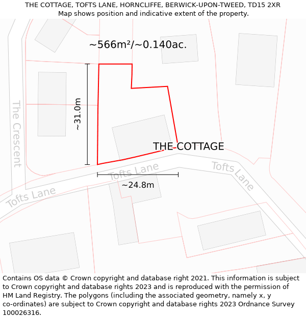 THE COTTAGE, TOFTS LANE, HORNCLIFFE, BERWICK-UPON-TWEED, TD15 2XR: Plot and title map