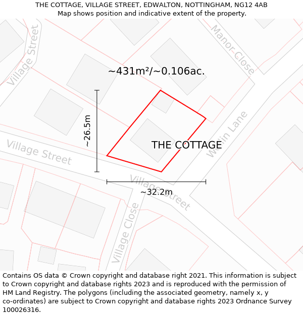 THE COTTAGE, VILLAGE STREET, EDWALTON, NOTTINGHAM, NG12 4AB: Plot and title map