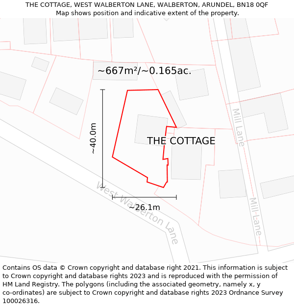 THE COTTAGE, WEST WALBERTON LANE, WALBERTON, ARUNDEL, BN18 0QF: Plot and title map