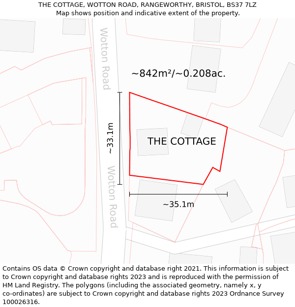 THE COTTAGE, WOTTON ROAD, RANGEWORTHY, BRISTOL, BS37 7LZ: Plot and title map